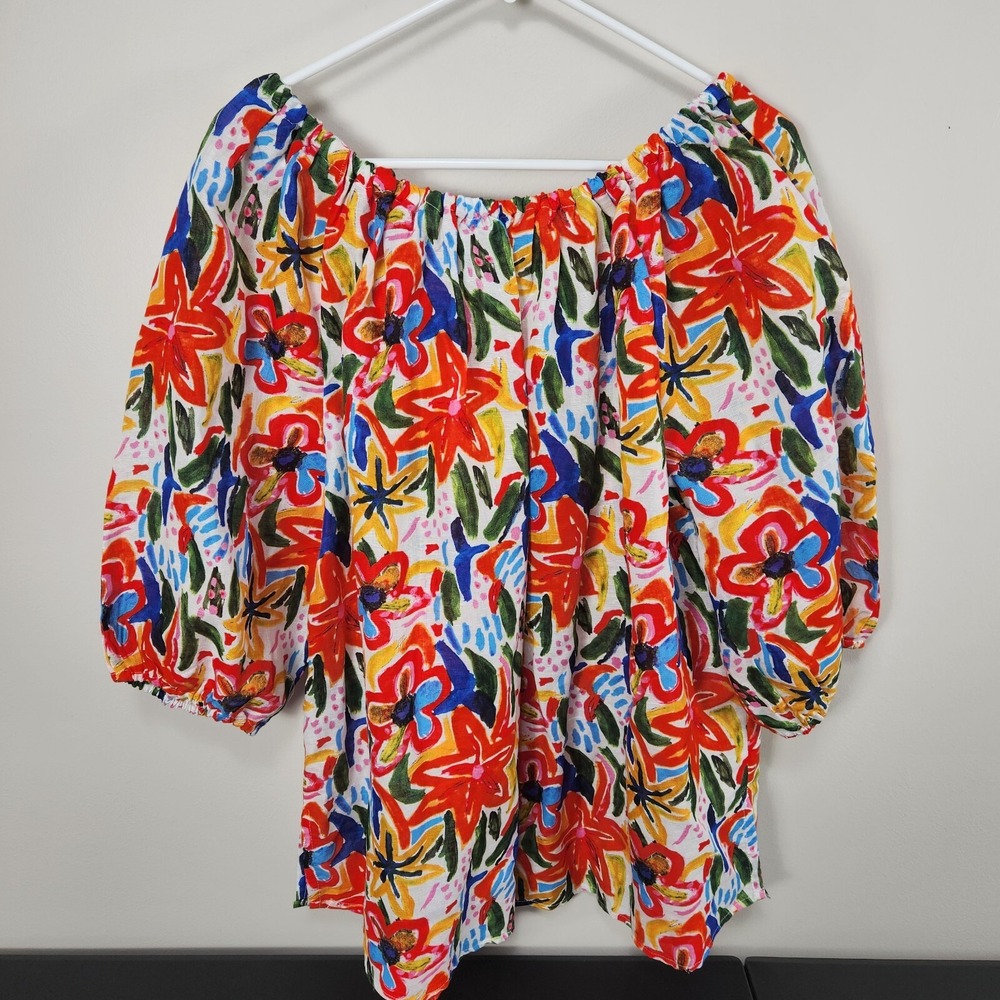 Hester & Orchard NWT Top Linen Blend Womens 3/4 Sleeve Summer Shirt Sz 1X Bright